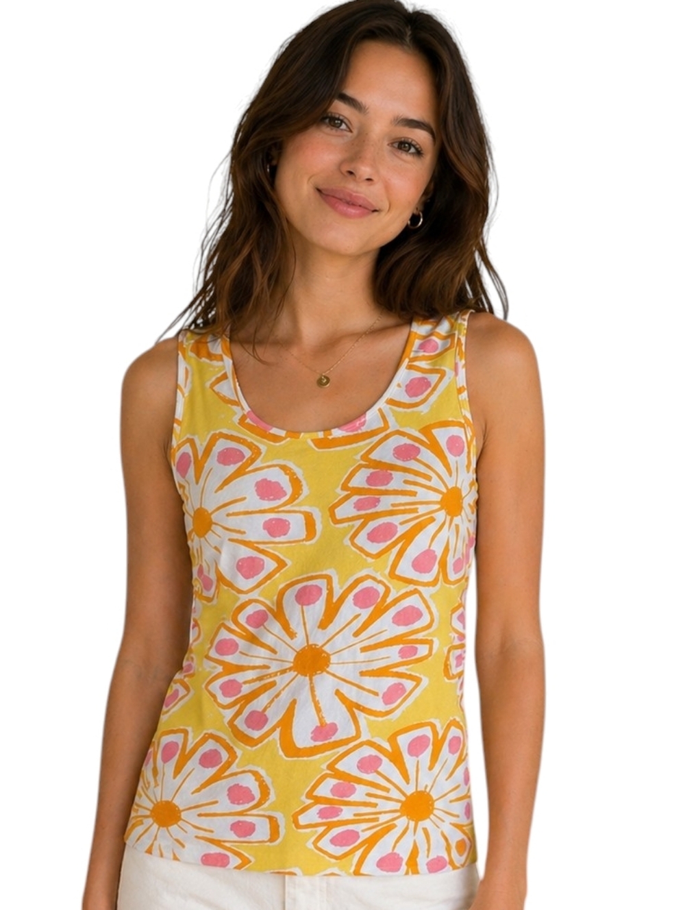 Marimekko Floral Tank Womens Large Retro Sleeveless Cotton Print Summer Yellow
